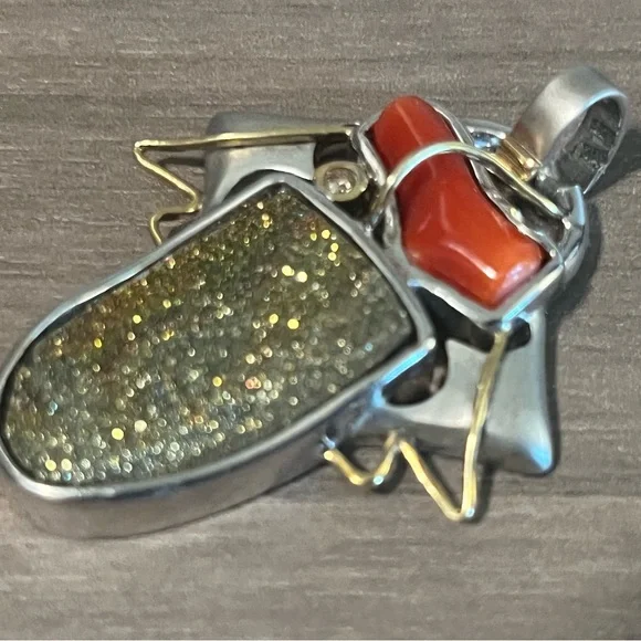 925 Sterling Silver Pendant with Red Coral and Gold Crystal